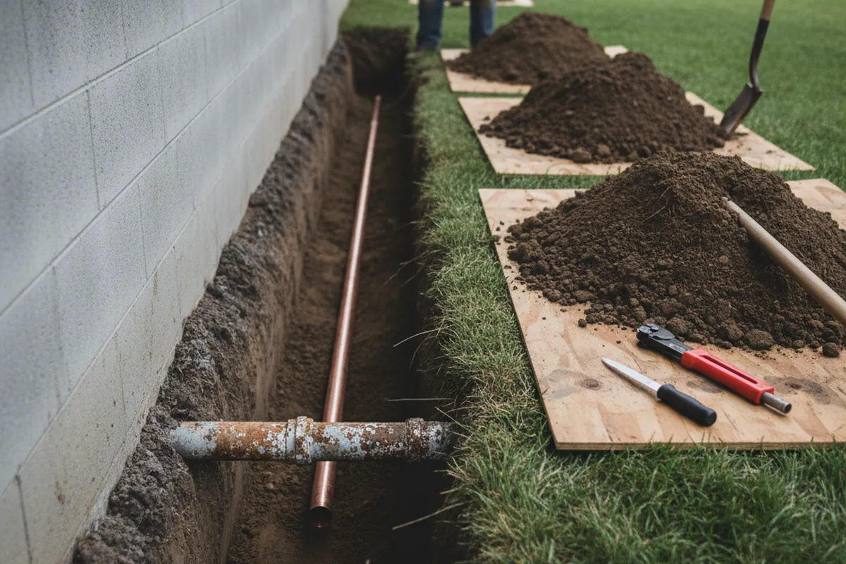 Excavated water line trench during Water Heater Repair in Sturtevant